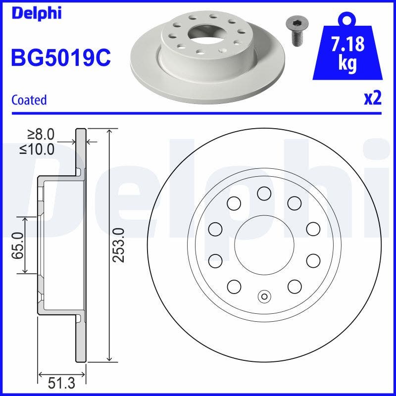 DRIVETEC -  Rear Solid Brake Disc Pair Coated - 253mm Diameter