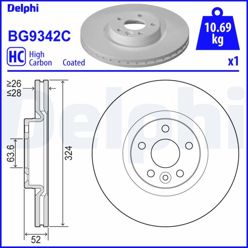 DRIVETEC -  Front Vented Brake Disc Single Coated - 324mm Diameter