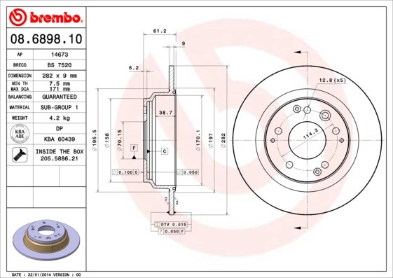 BREMBO -  Rear Solid Brake Disc Pair - 282mm Diameter
