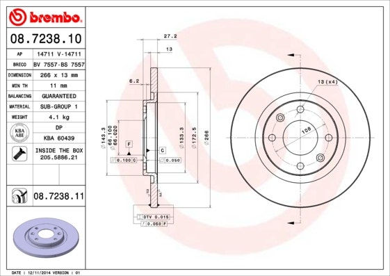 BREMBO -  Front Solid Brake Disc Pair Coated - 266mm Diameter