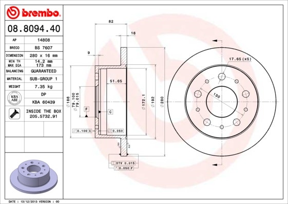 BREMBO -  Rear Solid Brake Disc Pair - 280mm Diameter