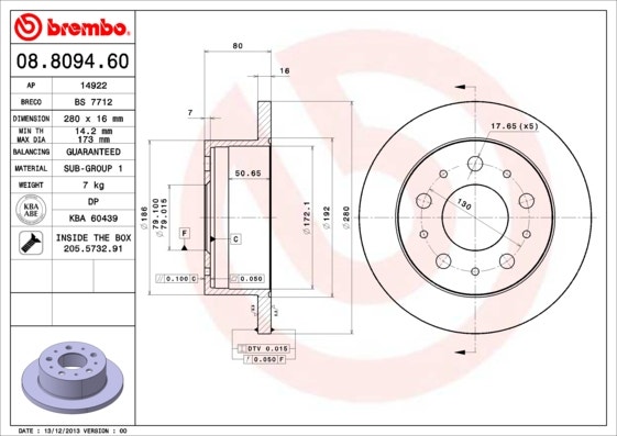 BREMBO -  Rear Solid Brake Disc Pair - 280mm Diameter