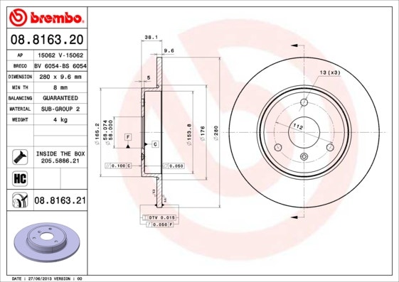 BREMBO -  Front Solid Brake Disc Pair Coated - 280mm Diameter