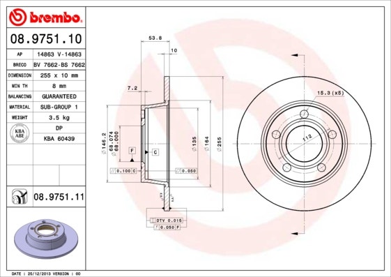 BREMBO -  Rear Solid Brake Disc Pair Coated - 255mm Diameter