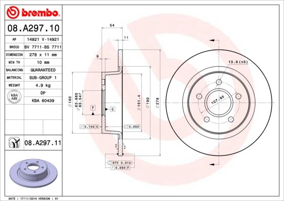 BREMBO -  Rear Solid Brake Disc Pair Coated - 278mm Diameter