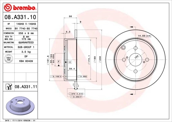 BREMBO -  Rear Solid Brake Disc Pair Coated - 258mm Diameter
