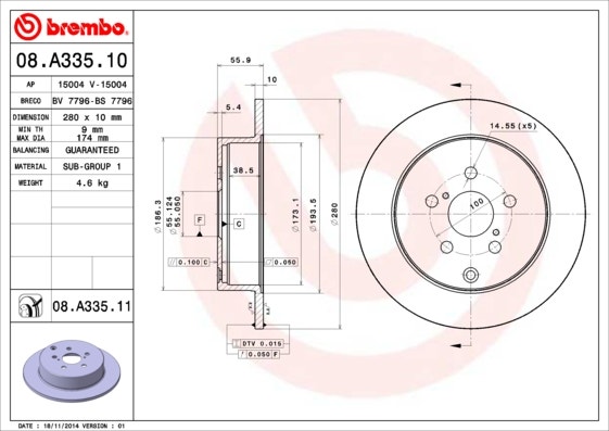 BREMBO -  Rear Solid Brake Disc Pair Coated - 280mm Diameter