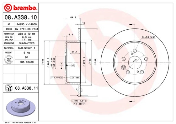 BREMBO -  Rear Solid Brake Disc Pair Coated - 288mm Diameter