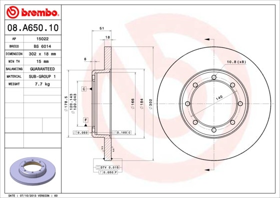 BREMBO -  Rear Solid Brake Disc Pair - 302mm Diameter