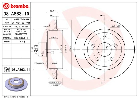 BREMBO -  Rear Solid Brake Disc Pair Coated - 320mm Diameter