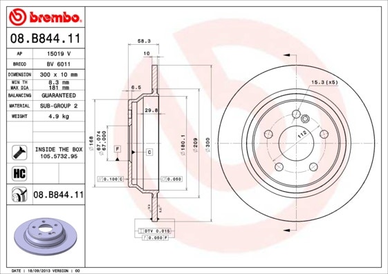 BREMBO -  Rear Solid Brake Disc Pair Coated - 300mm Diameter