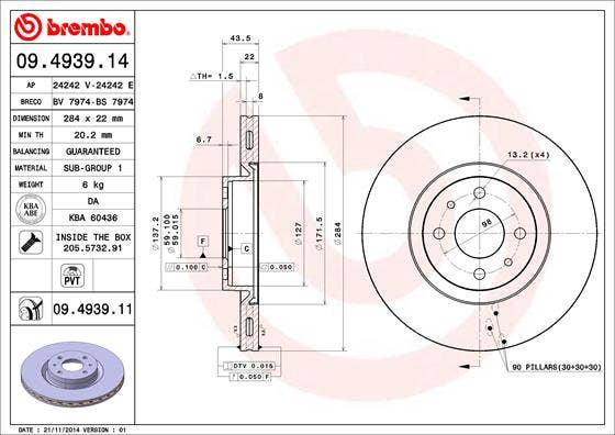 BREMBO -  Front Vented Brake Disc Pair Coated - 284mm Diameter
