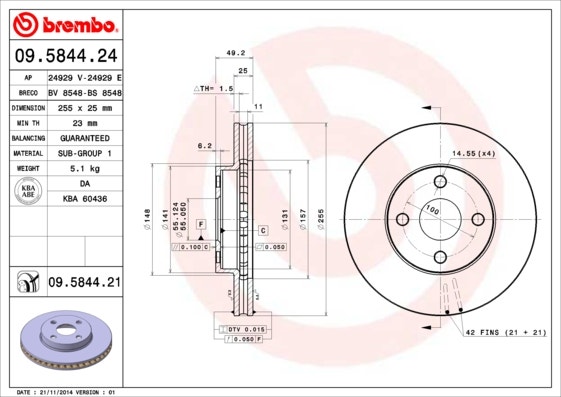 BREMBO -  Front Vented Brake Disc Pair Coated - 255mm Diameter