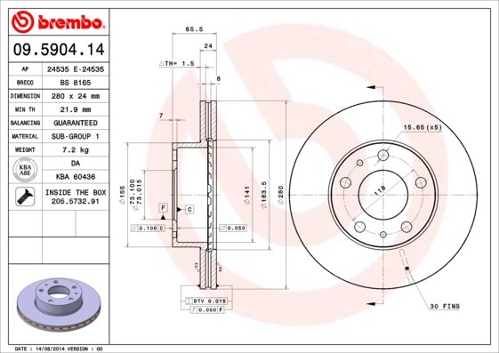 BREMBO -  Front Vented Brake Disc Pair - 280mm Diameter