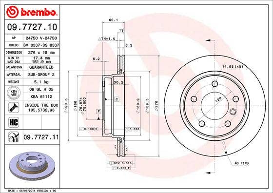 BREMBO -  Rear Vented Brake Disc Pair Coated - 276mm Diameter