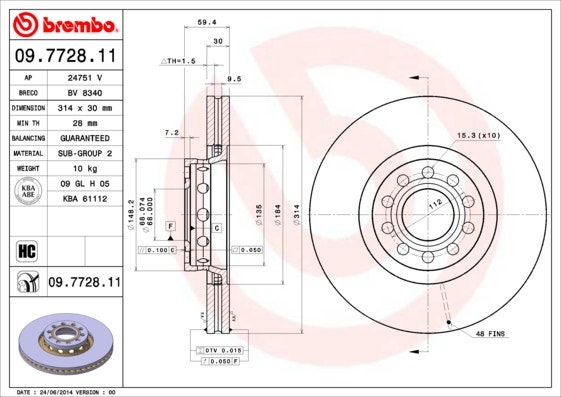 BREMBO -  Front Vented Brake Disc Pair Coated - 314mm Diameter