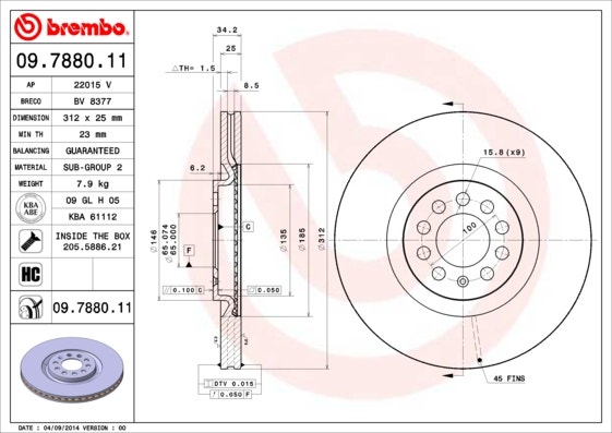 BREMBO -  Front Vented Brake Disc Pair Coated - 312mm Diameter