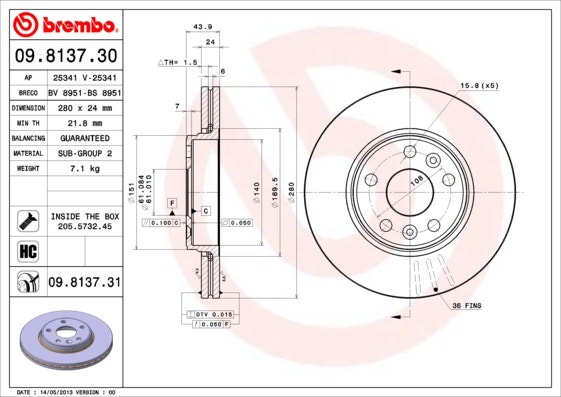 BREMBO -  Front Vented Brake Disc Pair Coated - 280mm Diameter