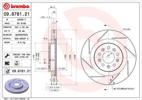 BREMBO -  Rear Vented Brake Disc Coated - 330mm Diameter