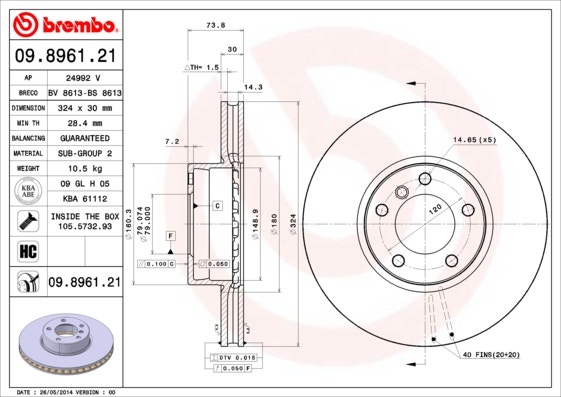 BREMBO -  Front Vented Brake Disc Coated - 324mm Diameter