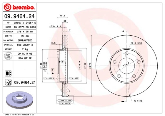 BREMBO -  Front Vented Brake Disc Pair Coated - 278mm Diameter
