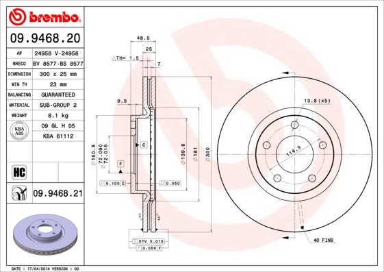 BREMBO -  Front Vented Brake Disc Pair Coated - 300mm Diameter
