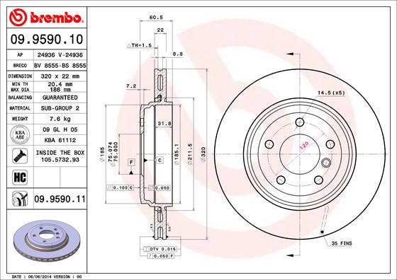 BREMBO -  Rear Vented Brake Disc Pair Coated - 320mm Diameter