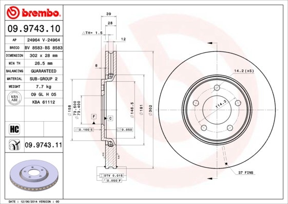 BREMBO -  Front Vented Brake Disc Pair Coated - 302mm Diameter