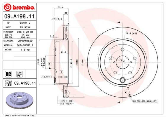 BREMBO -  Rear Vented Brake Disc Pair Coated - 316mm Diameter