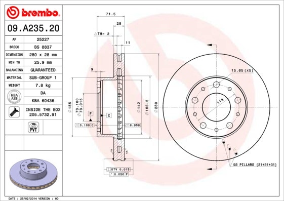 BREMBO -  Front Vented Brake Disc Pair - 280mm Diameter