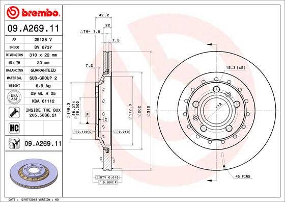 BREMBO -  Rear Vented Brake Disc Pair Coated - 310mm Diameter
