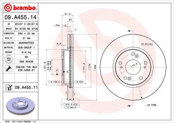 BREMBO -  Front Vented Brake Disc Pair Coated - 282mm Diameter