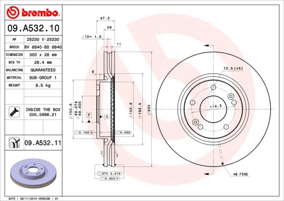 BREMBO -  Front Vented Brake Disc Pair Coated - 300mm Diameter