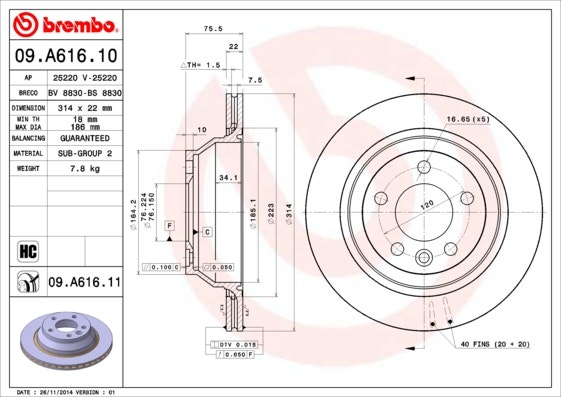 BREMBO -  Rear Vented Brake Disc Pair Coated - 314mm Diameter