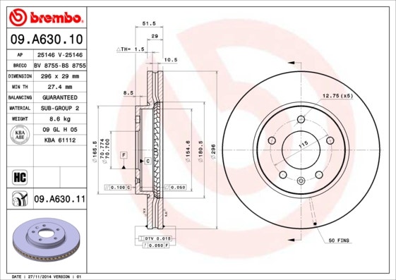 BREMBO -  Front Vented Brake Disc Pair Coated - 296mm Diameter