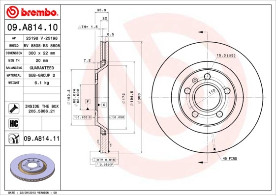 BREMBO -  Rear Vented Brake Disc Pair Coated - 300mm Diameter