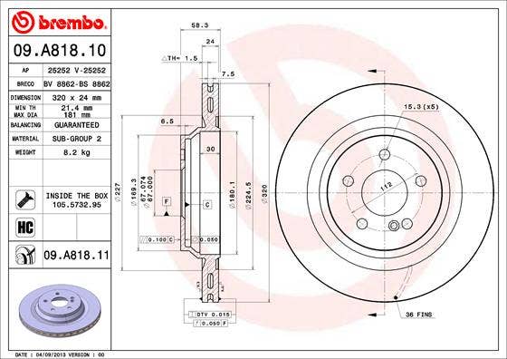 BREMBO -  Rear Vented Brake Disc Pair Coated - 320mm Diameter