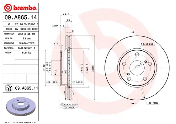 BREMBO -  Front Vented Brake Disc Pair Coated - 273mm Diameter