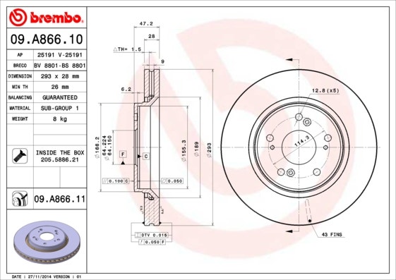 BREMBO -  Front Vented Brake Disc Pair Coated - 293mm Diameter