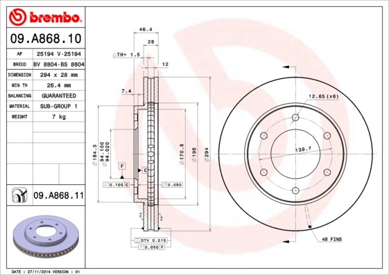 BREMBO -  Front Vented Brake Disc Pair Coated - 294mm Diameter