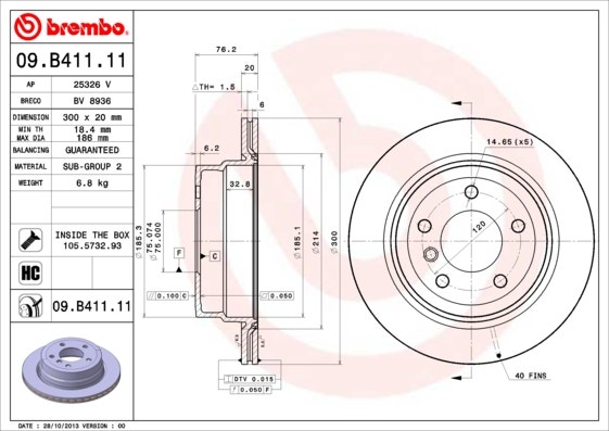 BREMBO -  Rear Vented Brake Disc Pair Coated - 300mm Diameter