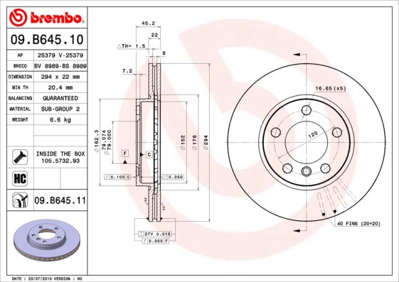 BREMBO -  Front Vented Brake Disc Pair Coated - 294mm Diameter