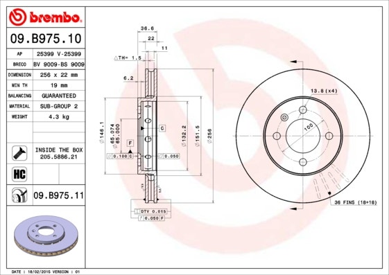 BREMBO -  Front Vented Brake Disc Pair Coated - 256mm Diameter