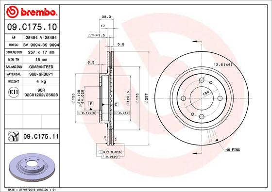 BREMBO -  Front Vented Brake Disc Pair Coated - 257mm Diameter