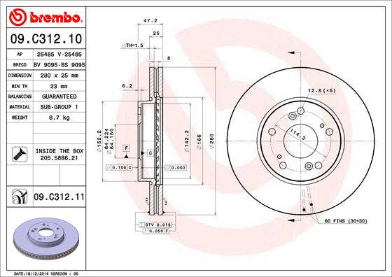 BREMBO -  Front Vented Brake Disc Pair Coated - 280mm Diameter