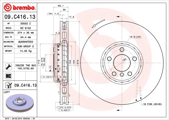 BREMBO -  Front Lh Vented Brake Disc Coated - 374mm Diameter