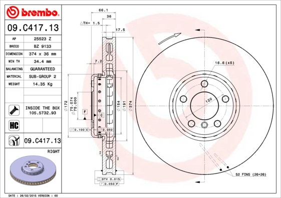 BREMBO -  Front Rh Vented Brake Disc Coated - 374mm Diameter