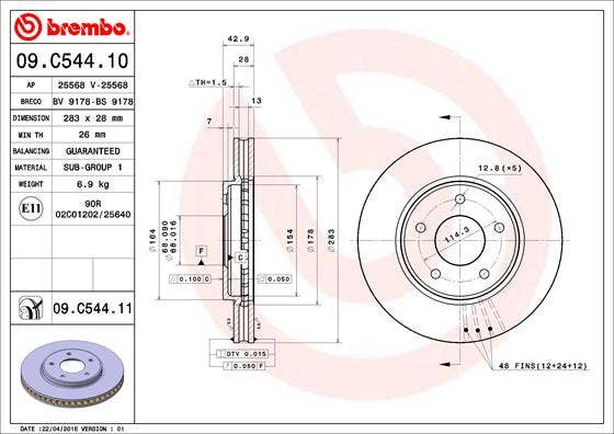BREMBO -  Front Vented Brake Disc Pair Coated - 283mm Diameter