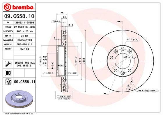 BREMBO -  Front Vented Brake Disc Pair Coated - 283mm Diameter