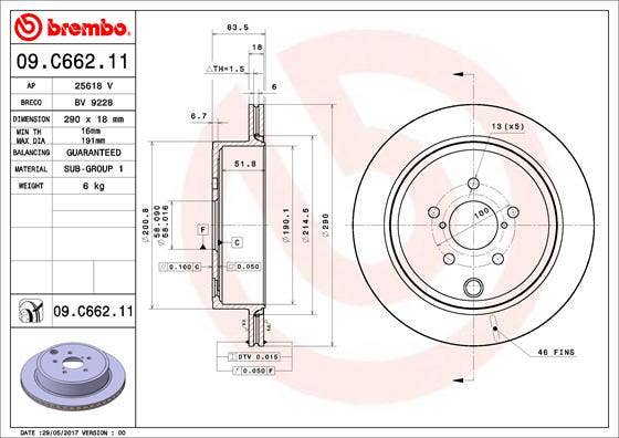 BREMBO -  Rear Vented Brake Disc Pair Coated - 290mm Diameter